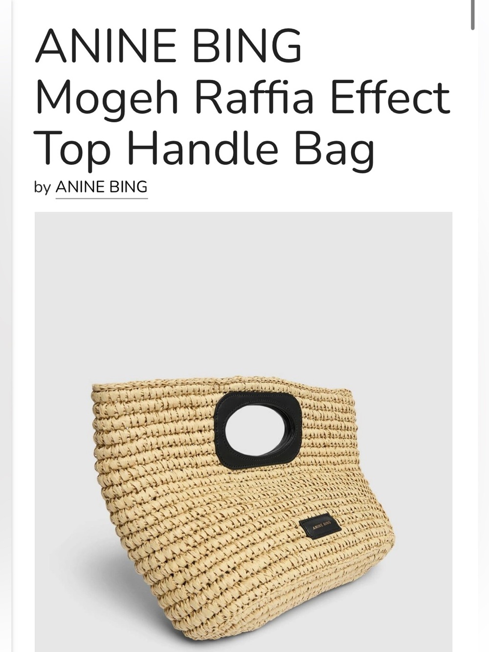 ANINE BING Natural Raffia-Effect Top Handle Tote with Black Trim